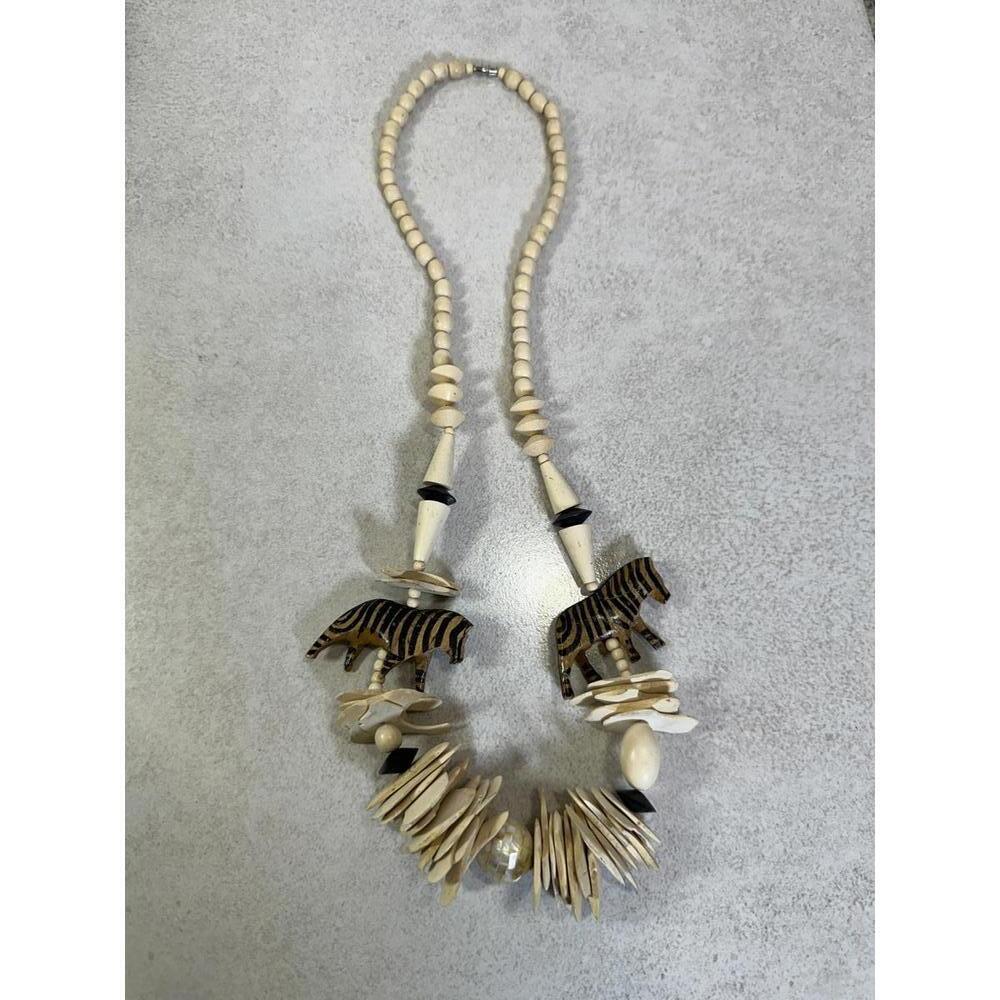 VTG Safari Zebra Carved Bone Shell Statement Necklace 30” African Boho